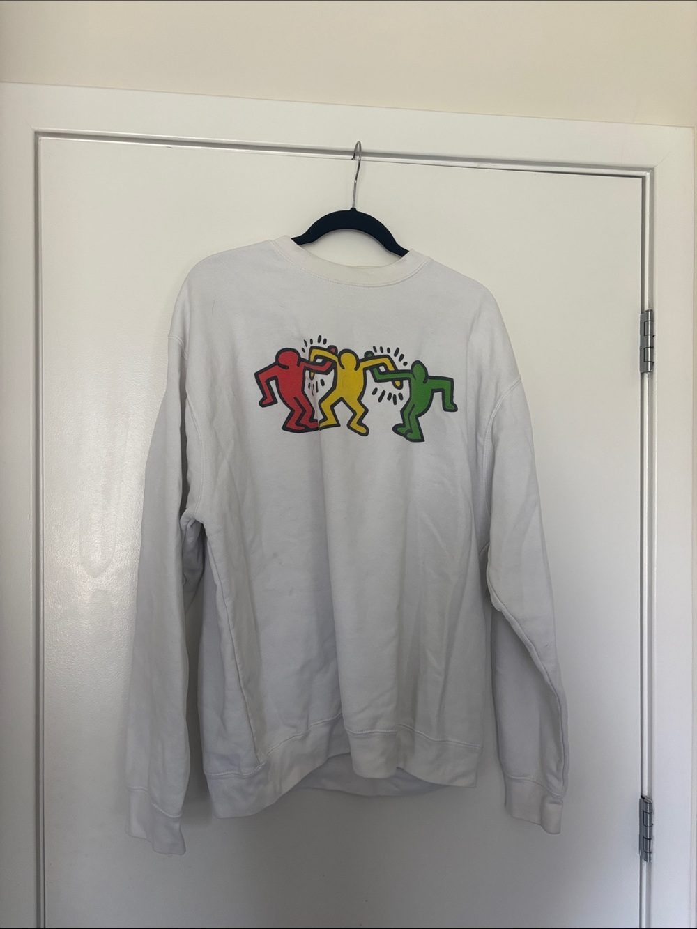 White Graphic Crewneck Sweatshirt with Colorful Figures